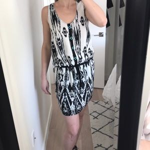 Black and white ikat tie waist dress